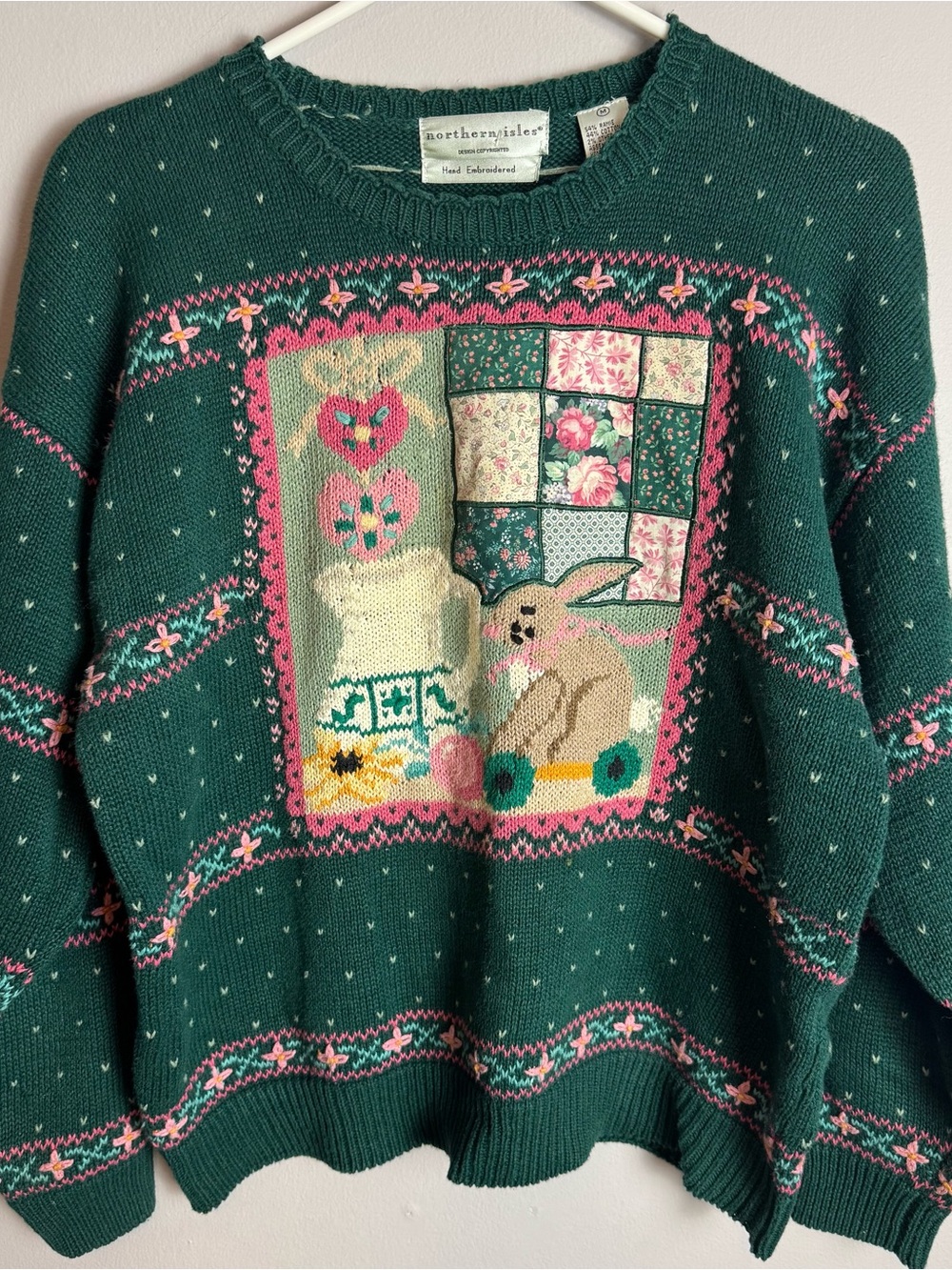 Vintage Northern Isles Hand Knit Bunny Embroidered Patchwork Sweater Size M